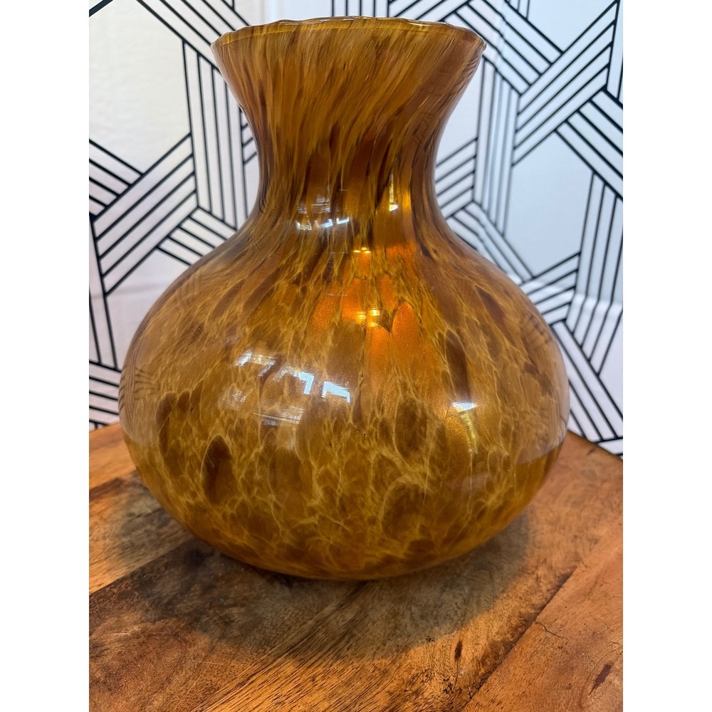 Vintage Amber Tortoise Shell Art Glass Vase Hand Blown Bulbous Flared Rim Brown